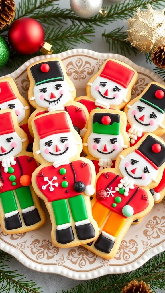 Decorated Nutcracker Christmas cookies on a plate, surrounded by festive holiday decorations.